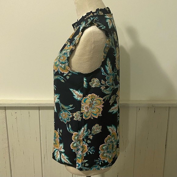 NWT J Crew Small Navy Blue Floral Ruffleneck Sleeveless Blouse - Picture 3 of 10